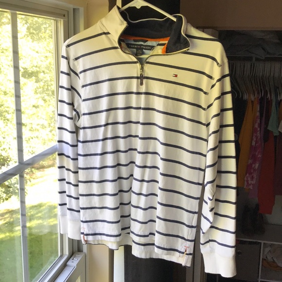 Tommy Hilfiger 1/4 Zip White and Navy Striped - Picture 1 of 3